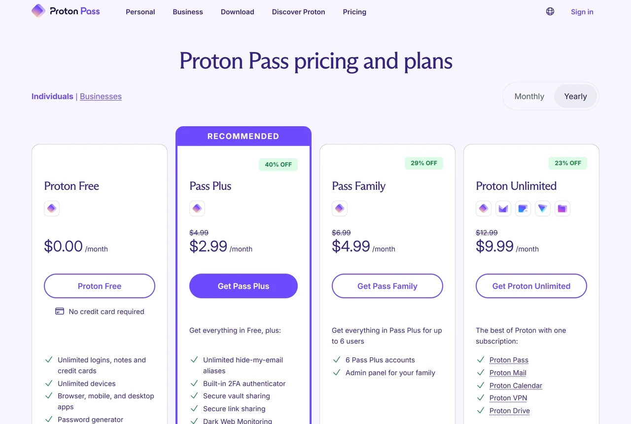 Proton Pass pricing page with Proton Free listing 10 hide-my-email aliases and Pass Plus adding unlimited aliases and a custom domain for aliases