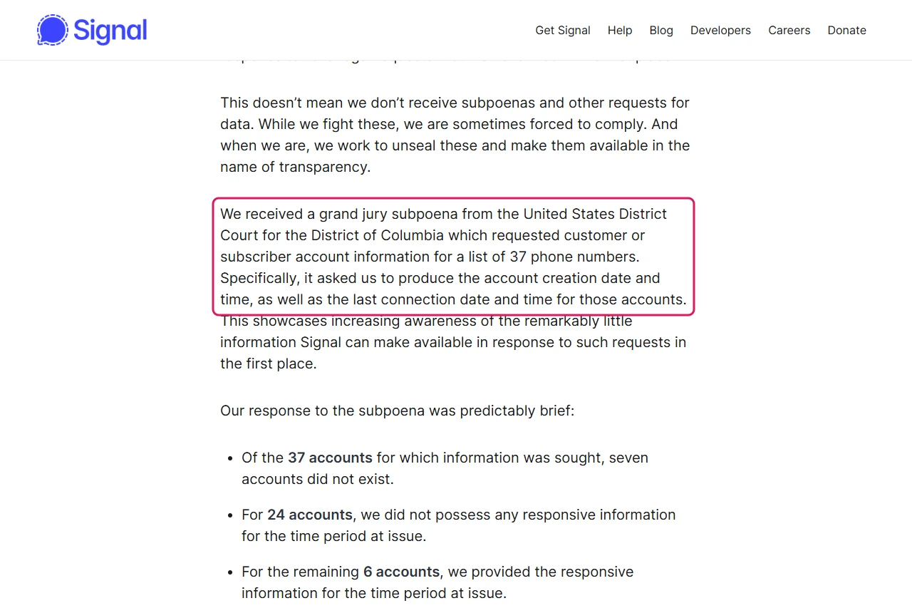 Signal government requests page describing a grand jury subpoena that asked for account creation and last connection dates for 37 phone numbers