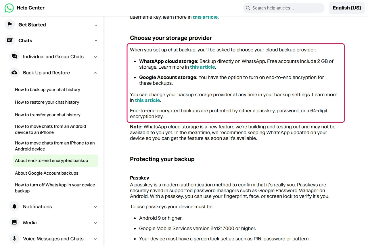 WhatsApp Help Center article on end-to-end encrypted backup, with the choice between WhatsApp cloud storage and Google Account storage