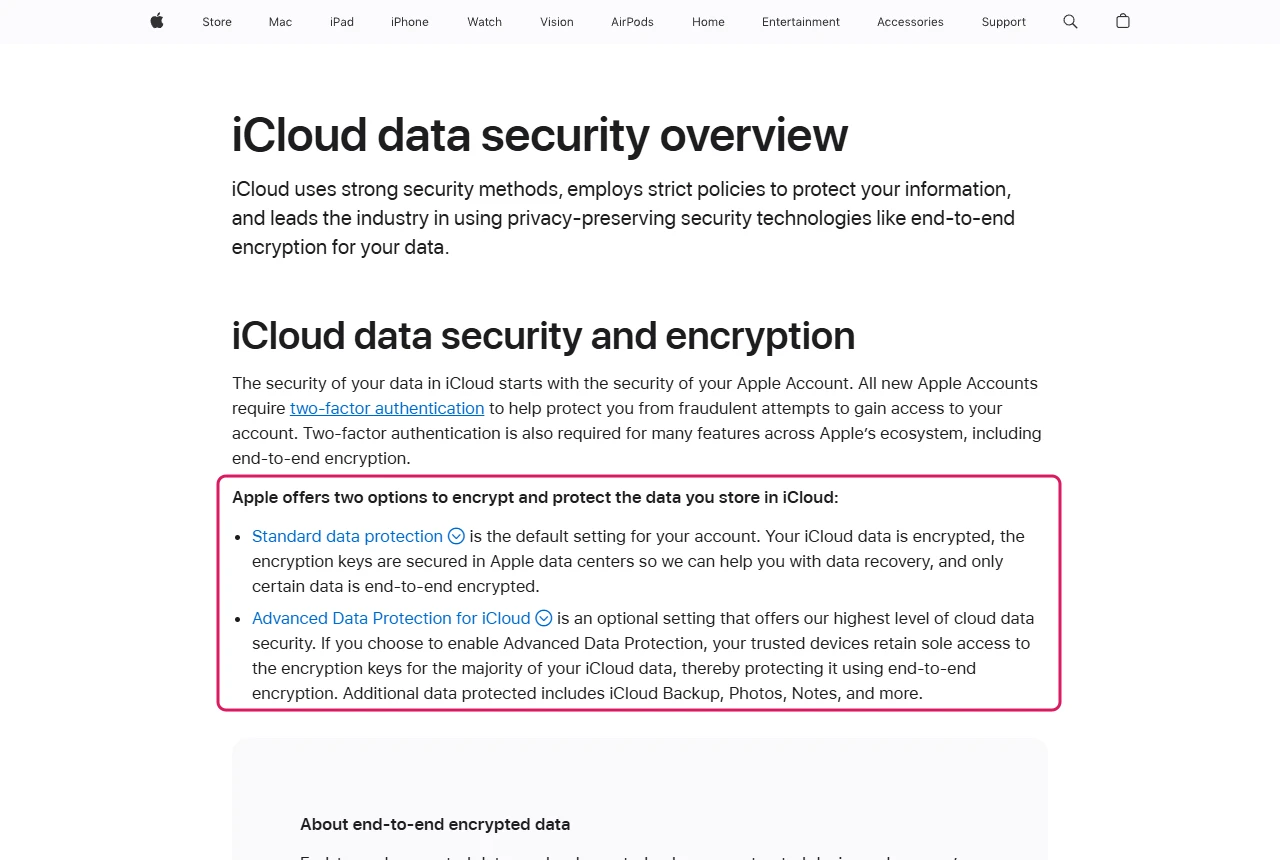 Apple Support iCloud data security overview listing standard data protection and Advanced Data Protection for iCloud