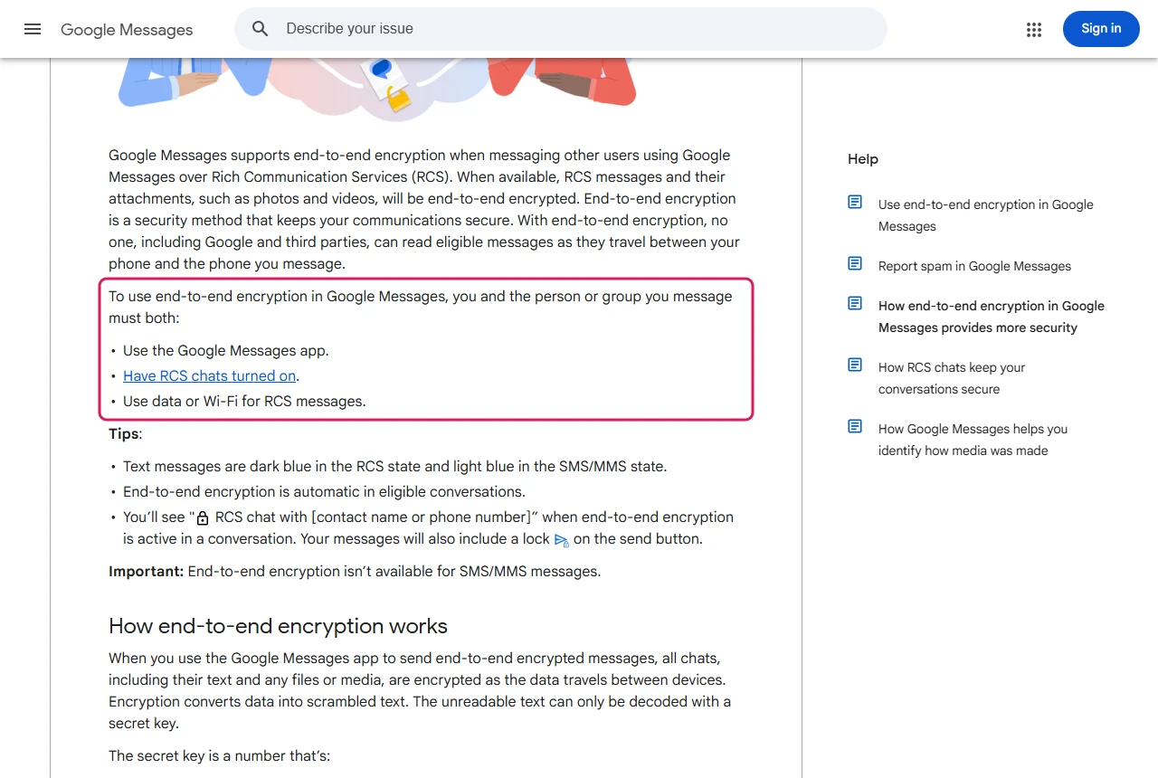 Google Messages help page listing what both people need for end-to-end encryption: the Google Messages app, RCS chats on, and data or Wi-Fi