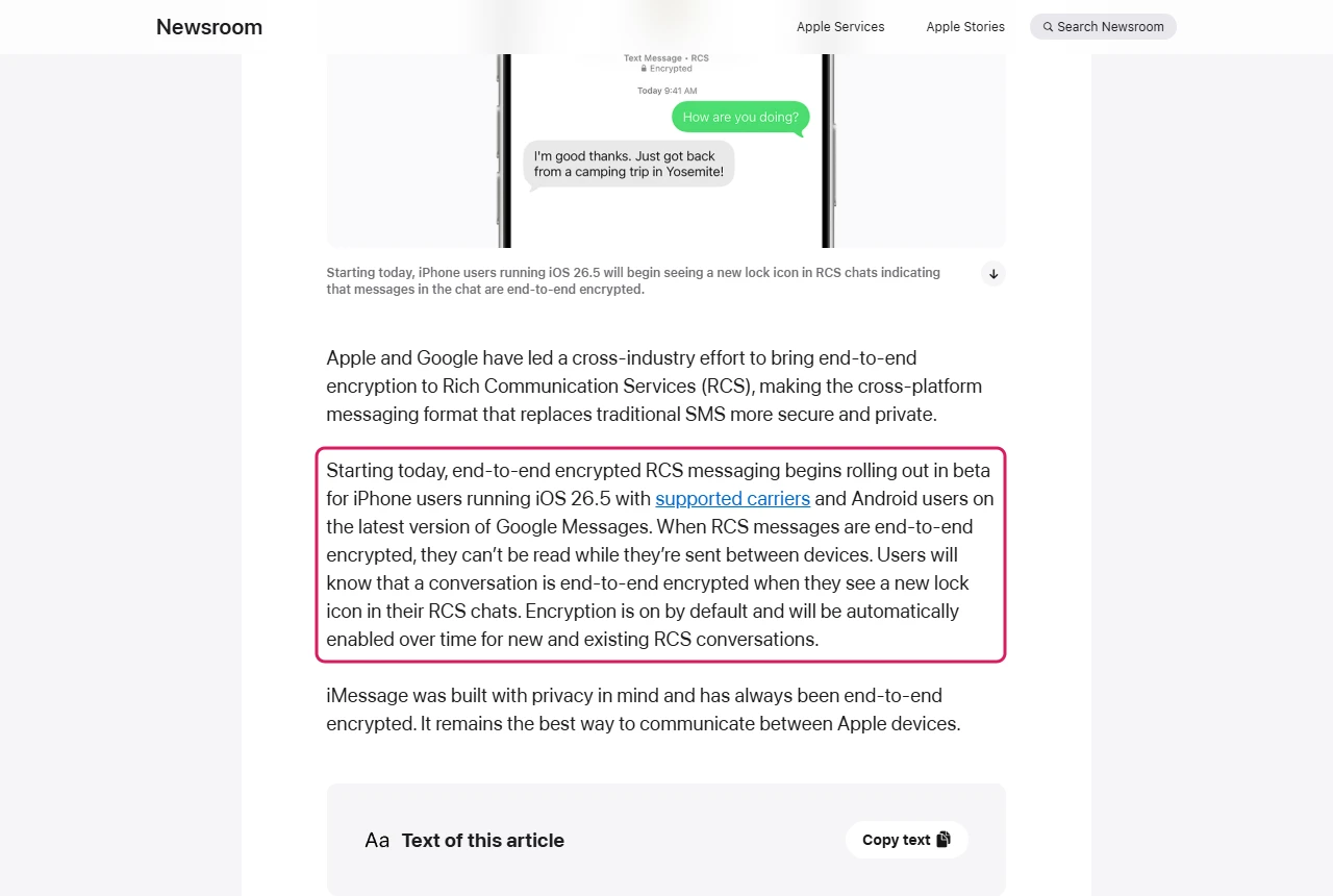 Apple Newsroom post saying end-to-end encrypted RCS messaging is rolling out in beta for iPhone users on iOS 26.5 with supported carriers
