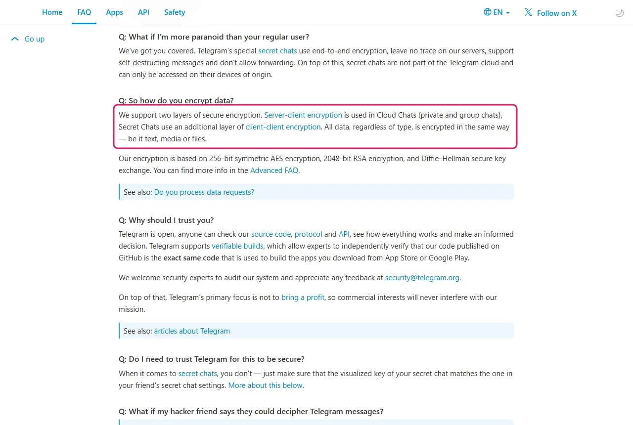 Telegram FAQ answer saying cloud chats use server-client encryption and only Secret Chats add client-client encryption