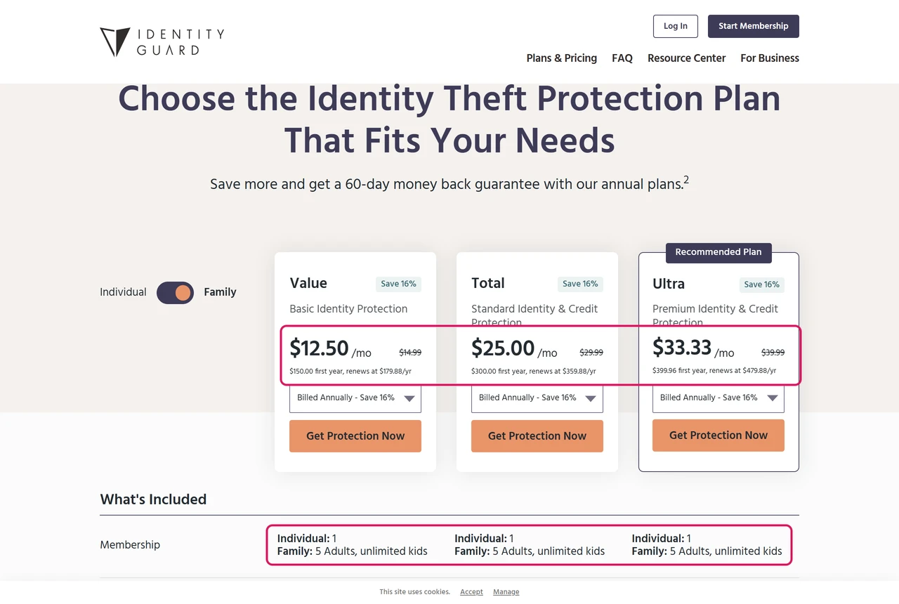 Identity Guard plans with the Family toggle on: Value 150 dollars first year renewing at 179.88, for 5 adults and unlimited kids