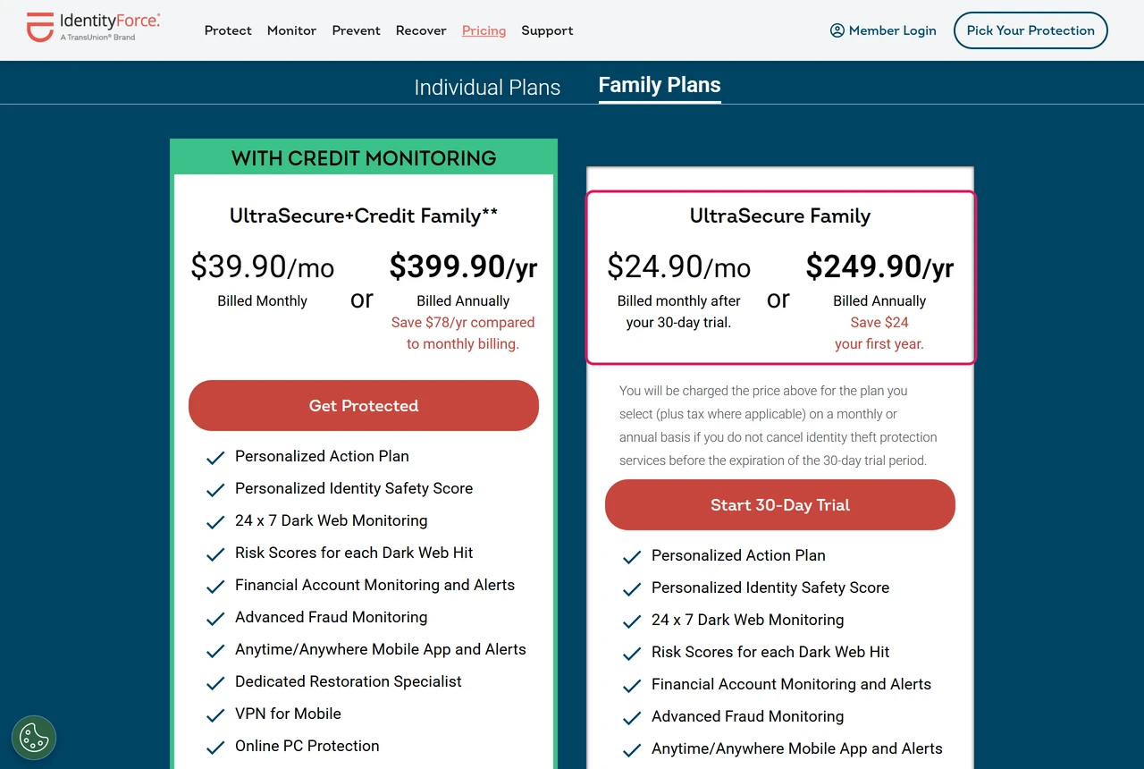 IdentityForce Family Plans tab: UltraSecure Family 24.90 dollars a month after a 30-day trial or 249.90 a year
