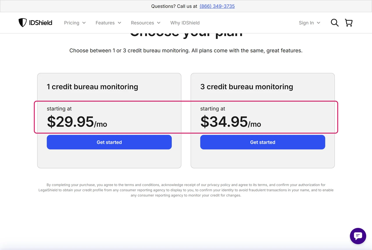IDShield family plan page: 1 credit bureau monitoring from 29.95 dollars a month, 3 bureaus from 34.95
