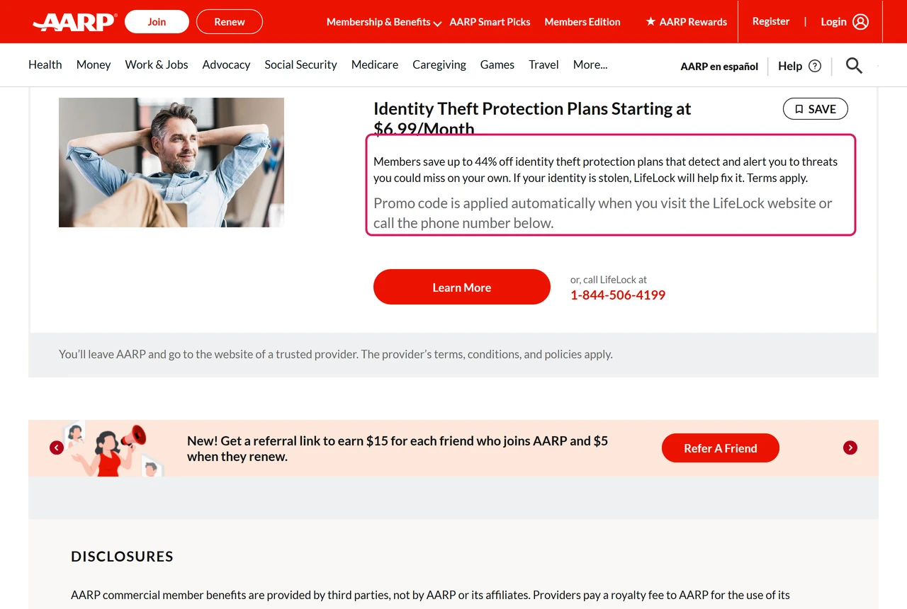 AARP member benefit page: LifeLock by Norton identity theft protection plans starting at $6.99 a month, members save up to 44%