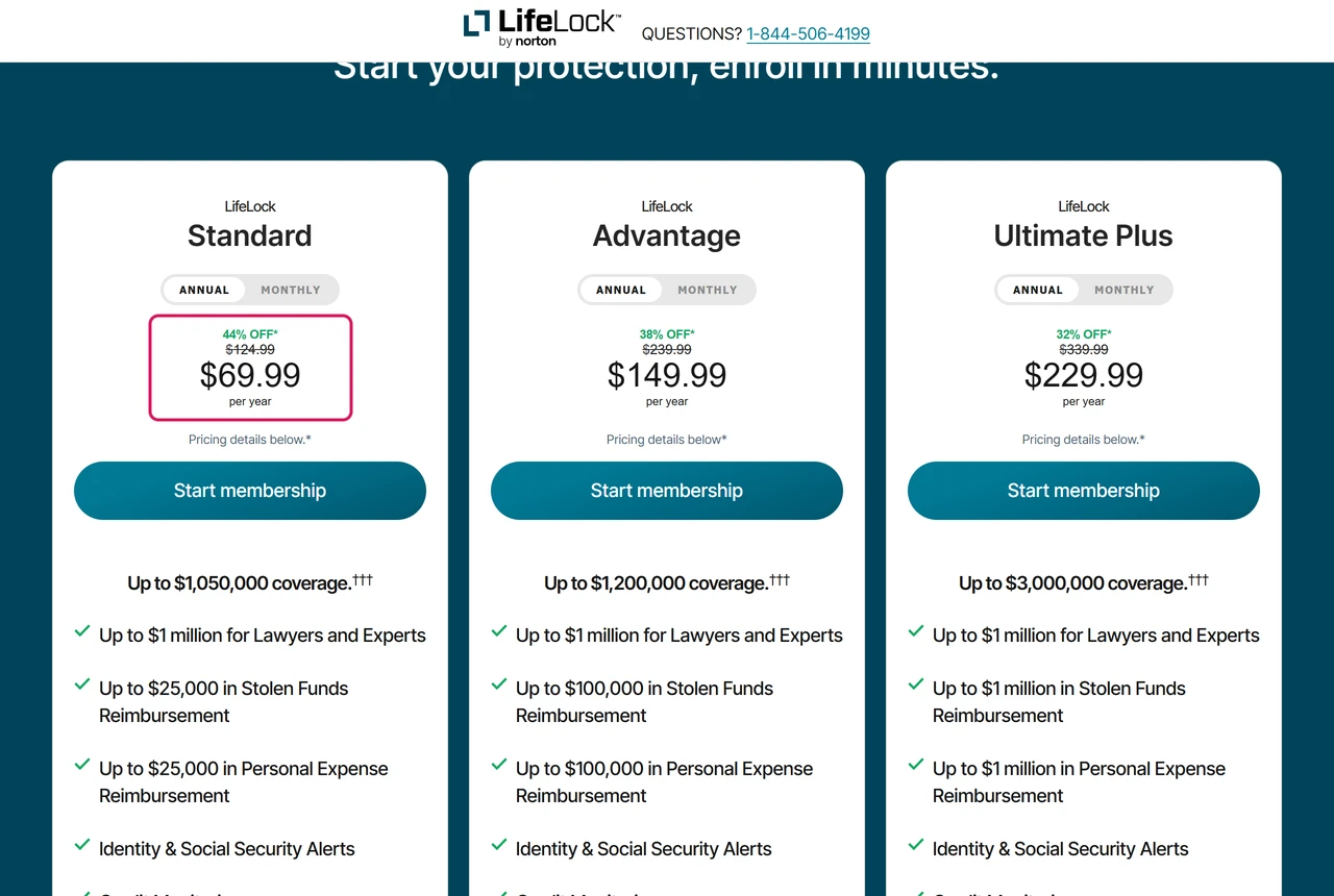 LifeLock offer page for AARP members: Standard $69.99 per year, 44% off $124.99; Advantage $149.99; Ultimate Plus $229.99