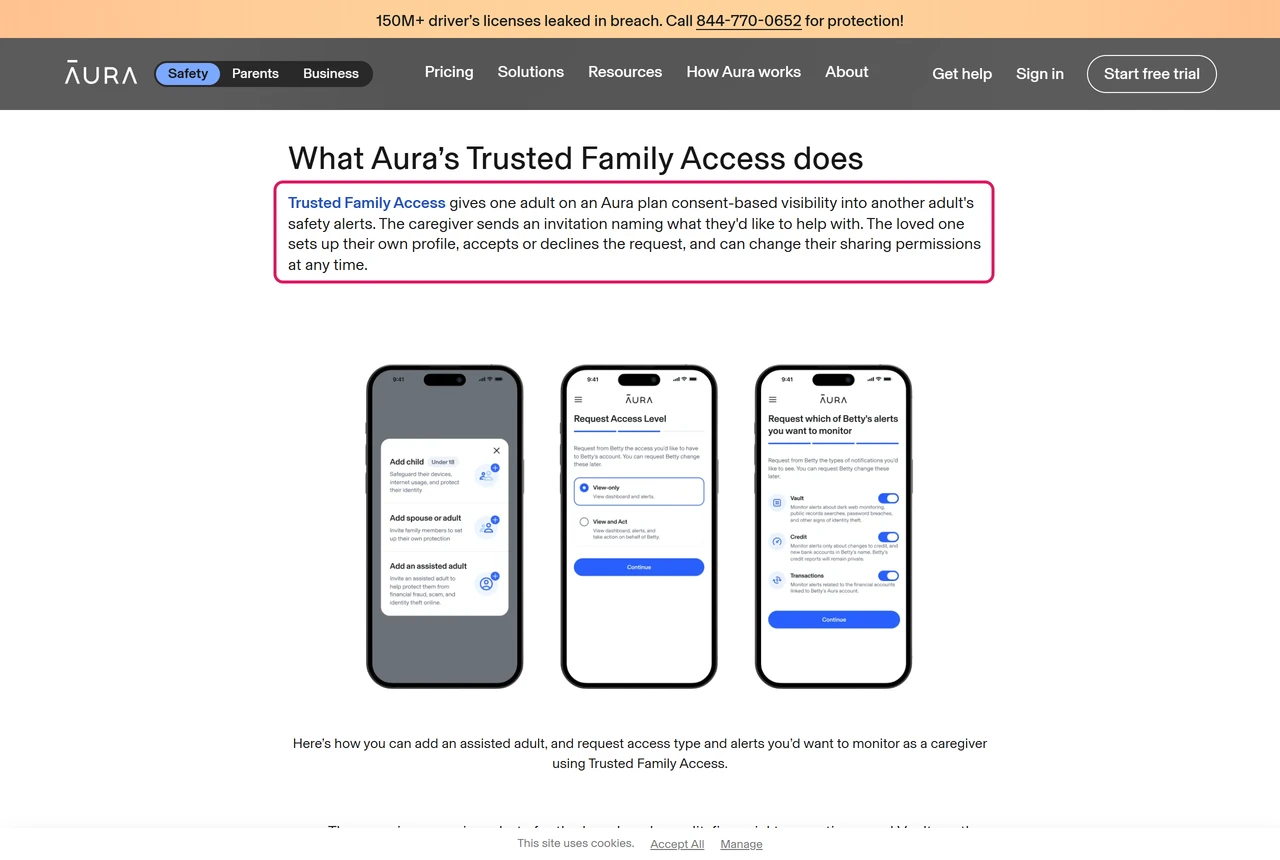 Aura page explaining Trusted Family Access: consent-based visibility into another adult's safety alerts