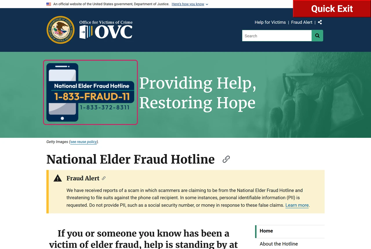 Justice Department National Elder Fraud Hotline: 1-833-FRAUD-11, 1-833-372-8311