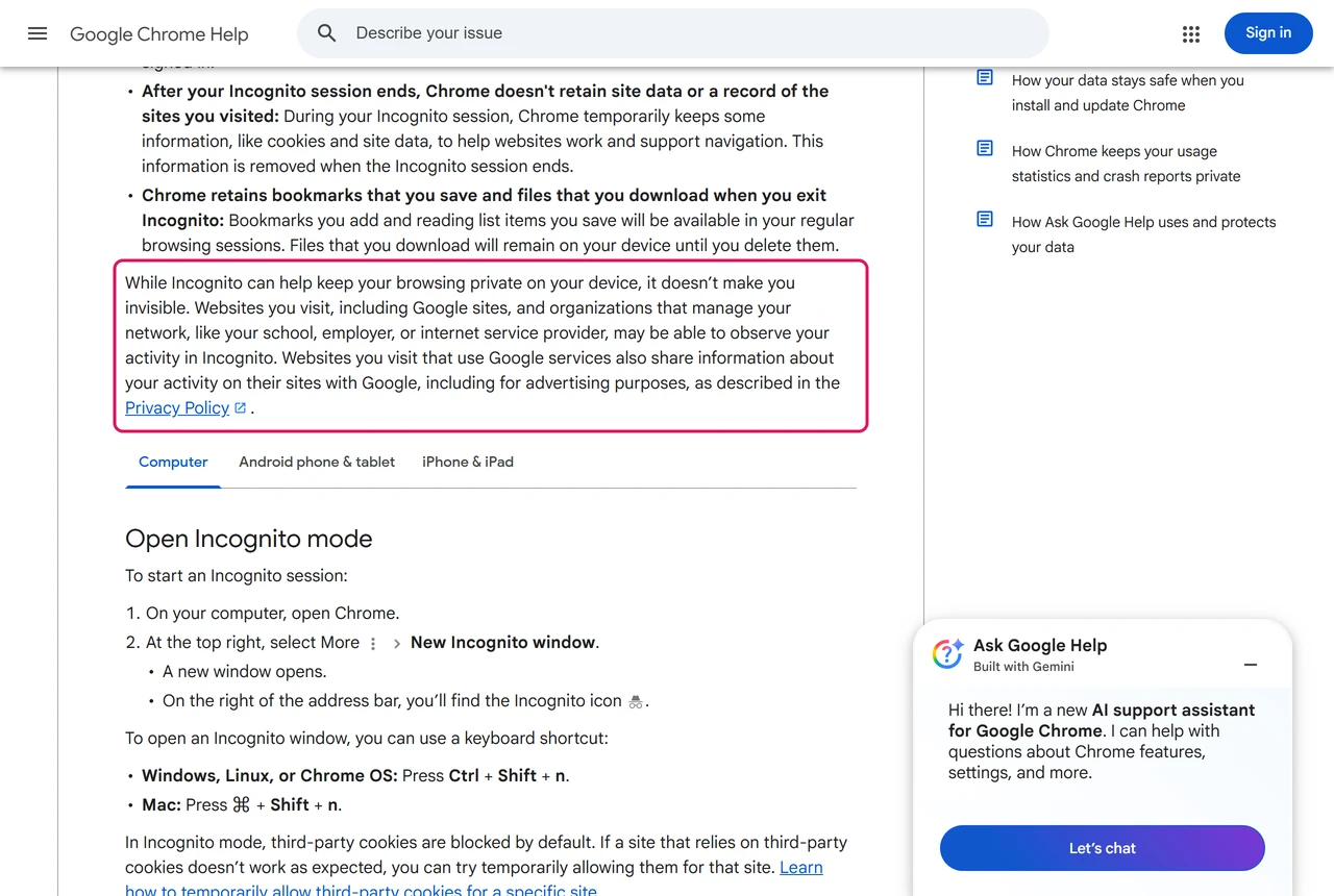 Google Chrome Help page Browse in Incognito mode with the paragraph on who can still observe your activity highlighted