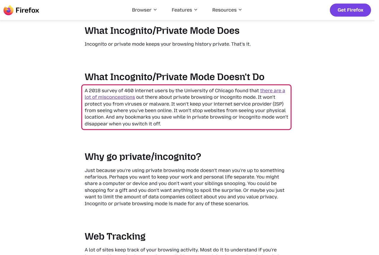 Firefox page Incognito browser What it really means with the section What Incognito/Private Mode Doesn't Do highlighted