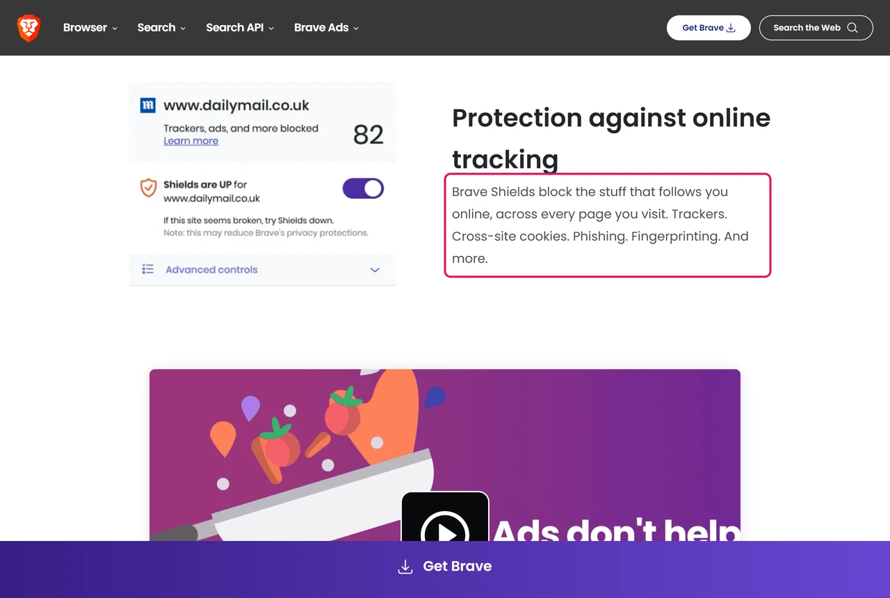 Brave Shields page with the text listing trackers, cross-site cookies, phishing and fingerprinting highlighted