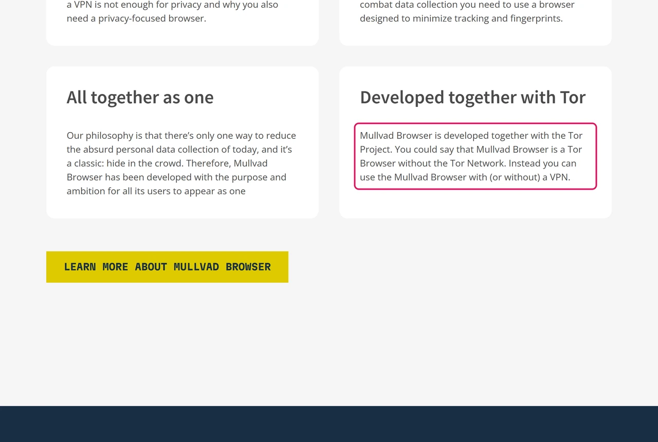 Mullvad Browser page section Developed together with Tor with the sentence about a Tor Browser without the Tor Network highlighted