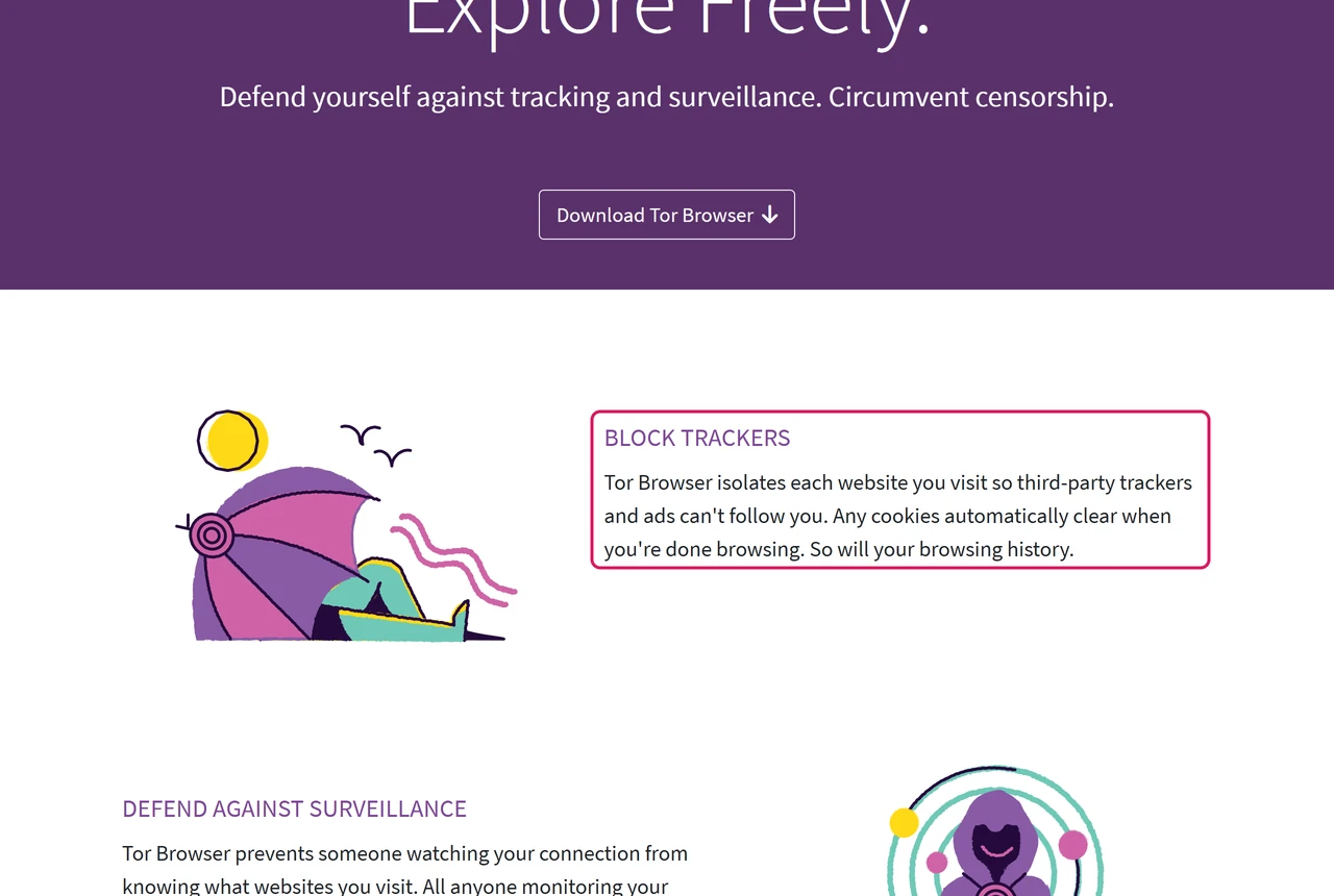 Tor Project home page section Block Trackers highlighted