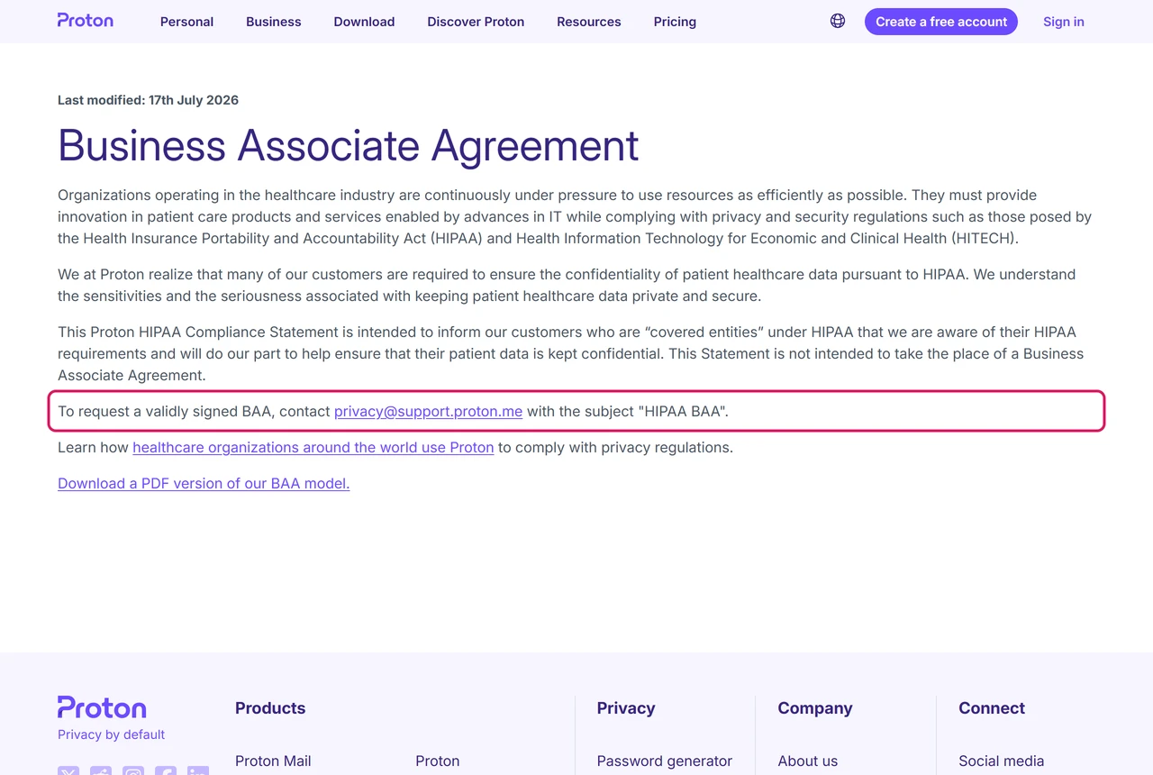 Proton Business Associate Agreement page, last modified 17 July 2026, saying to request a signed BAA by emailing privacy@support.proton.me with the subject HIPAA BAA