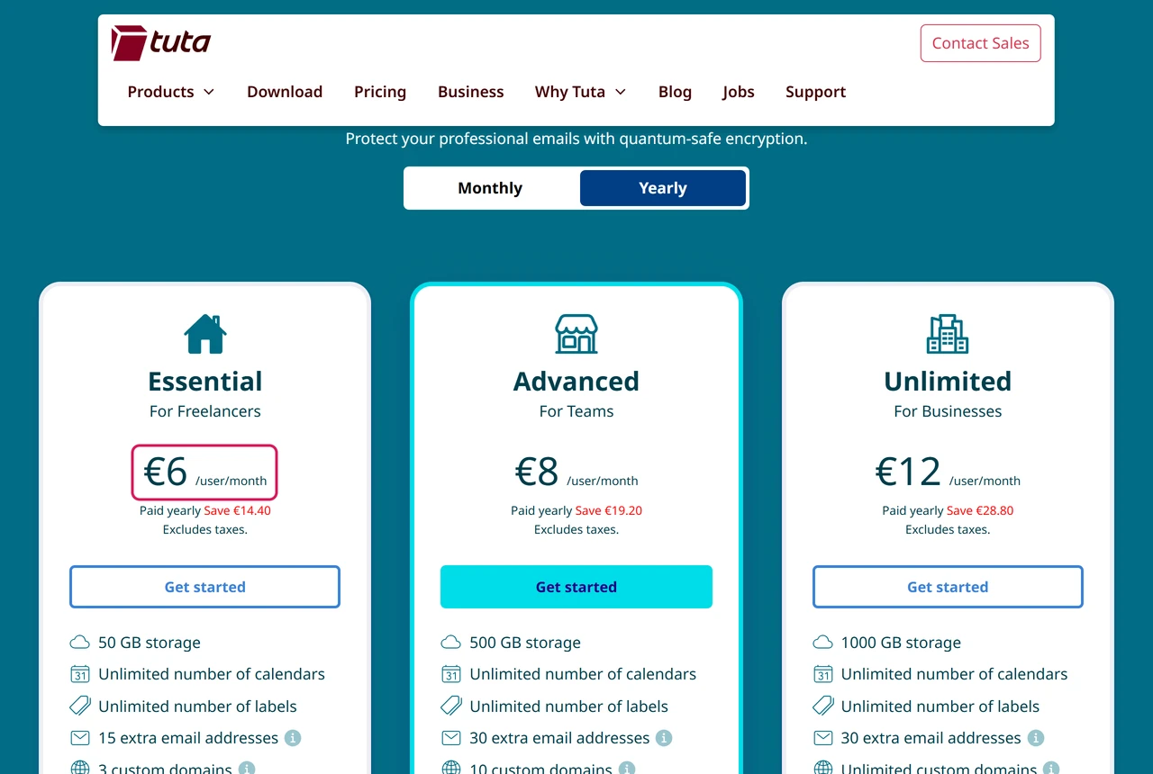 Tuta business plans: Essential at €6 per user per month, Advanced at €8 and Unlimited at €12, paid yearly, excluding taxes