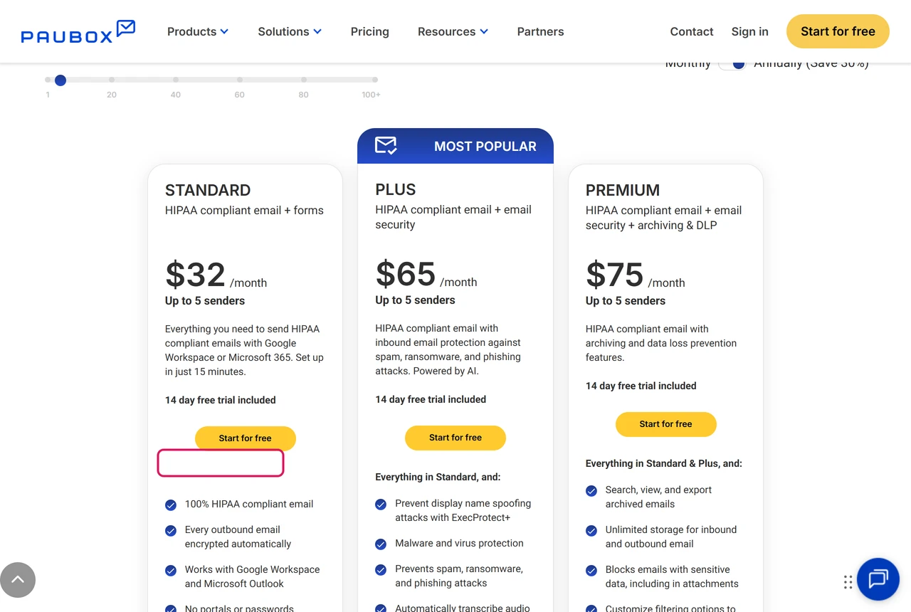 Paubox Email Suite pricing: Standard $32 a month for up to 5 senders with a 14-day free trial, Plus $65, Premium $75