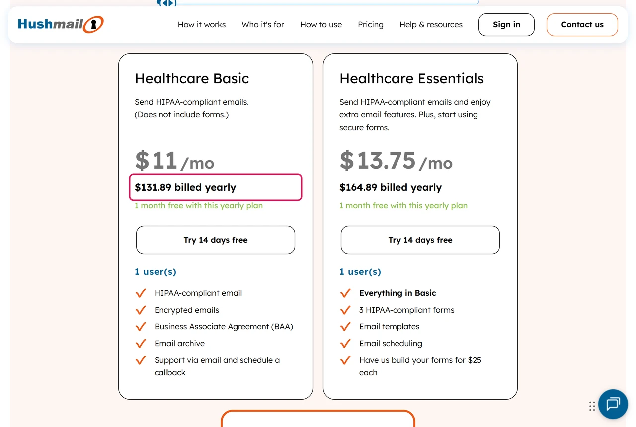 Hushmail pricing for healthcare: Basic $11 a month, $131.89 billed yearly, Essentials $164.89, Growth $197.89, each with a 14-day trial and a BAA