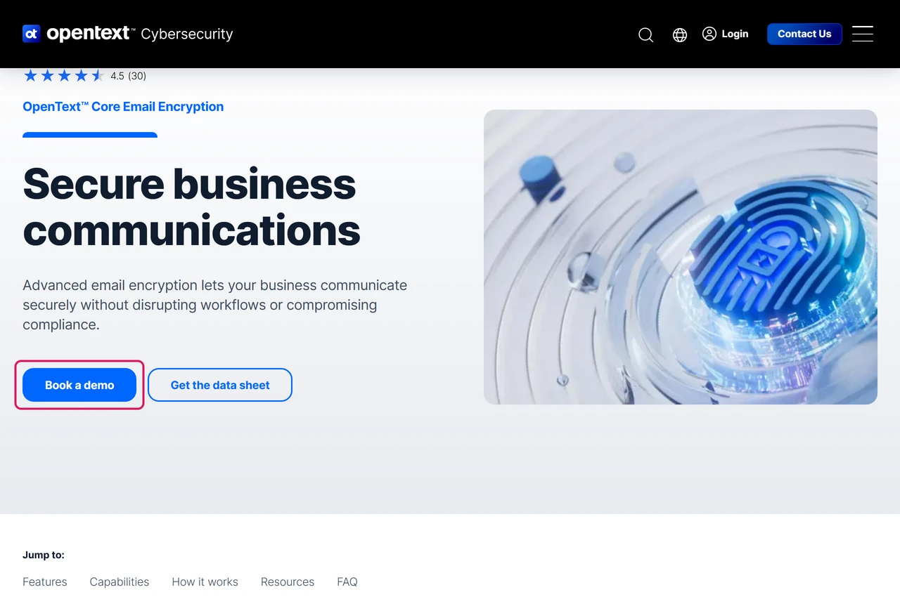 OpenText Core Email Encryption product page with a Book a demo button and no listed price