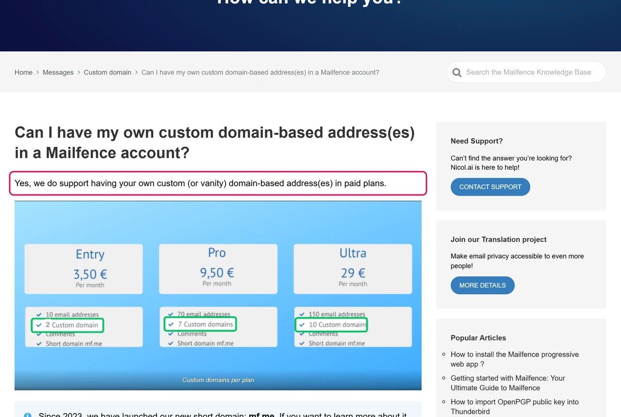 Mailfence knowledge base article confirming custom domain-based addresses are supported in paid plans