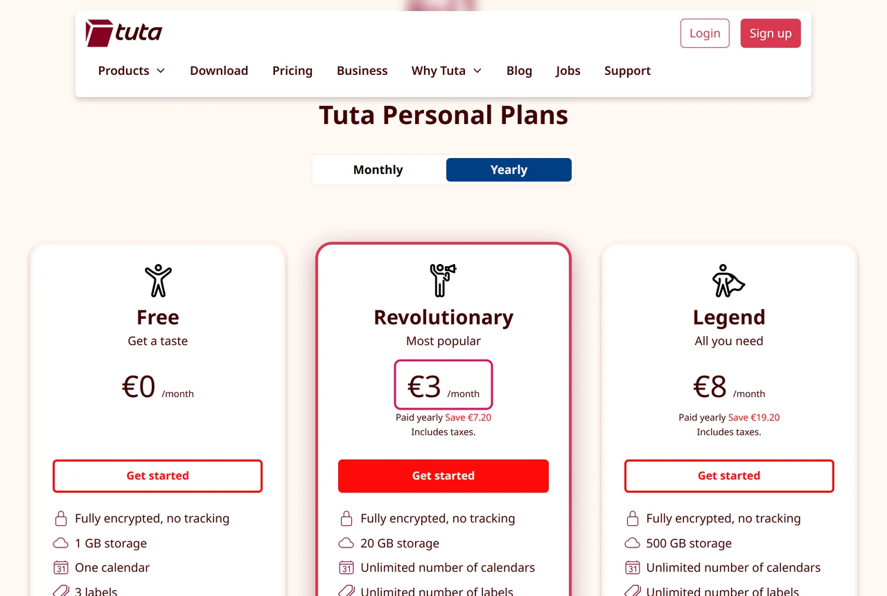 Tuta pricing page with Free at €0, Revolutionary at €3 a month paid yearly and Legend at €8 a month