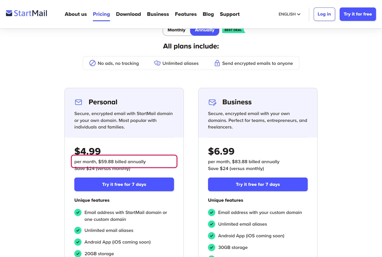 StartMail pricing page with Personal at $4.99 per month, $59.88 billed annually, and Business at $6.99