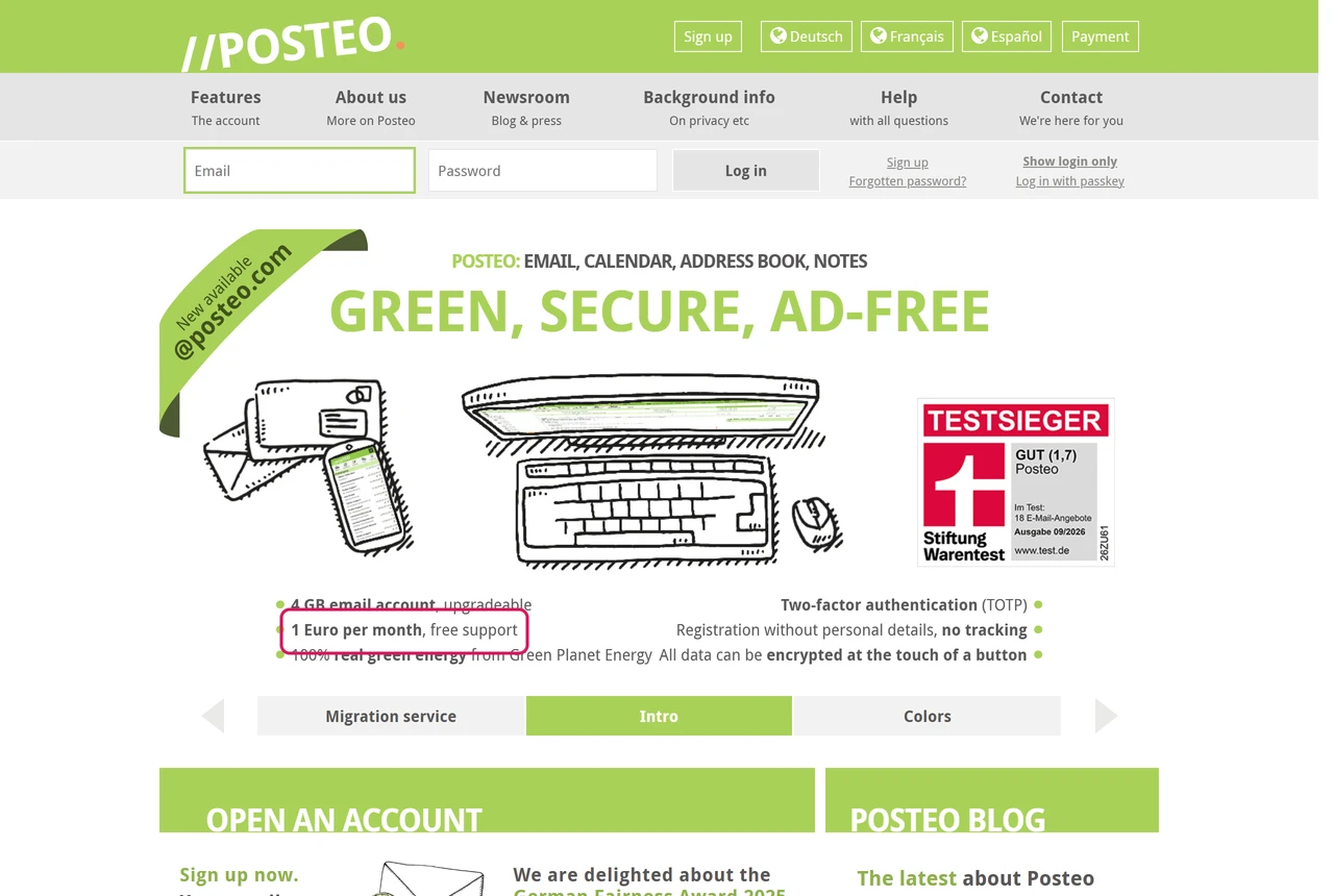 Posteo home page listing a 4 GB email account for 1 euro per month, registration without personal details and encryption at the touch of a button