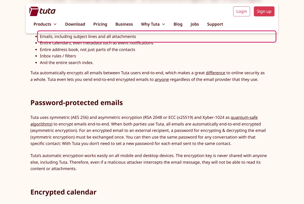 Tuta encryption page stating that emails, including subject lines and all attachments, are encrypted