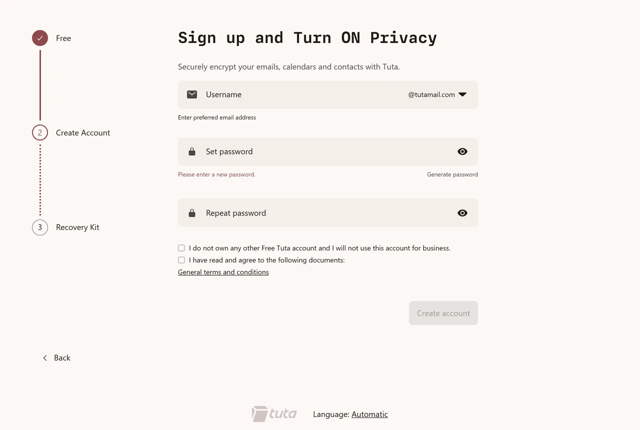 Tuta free account form asking for a username at tutamail.com, a password and a checkbox confirming no other free account