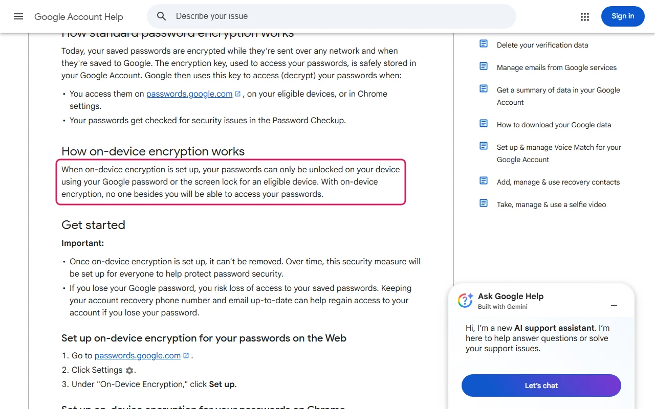 Google help page on on-device encryption with the paragraph How on-device encryption works highlighted
