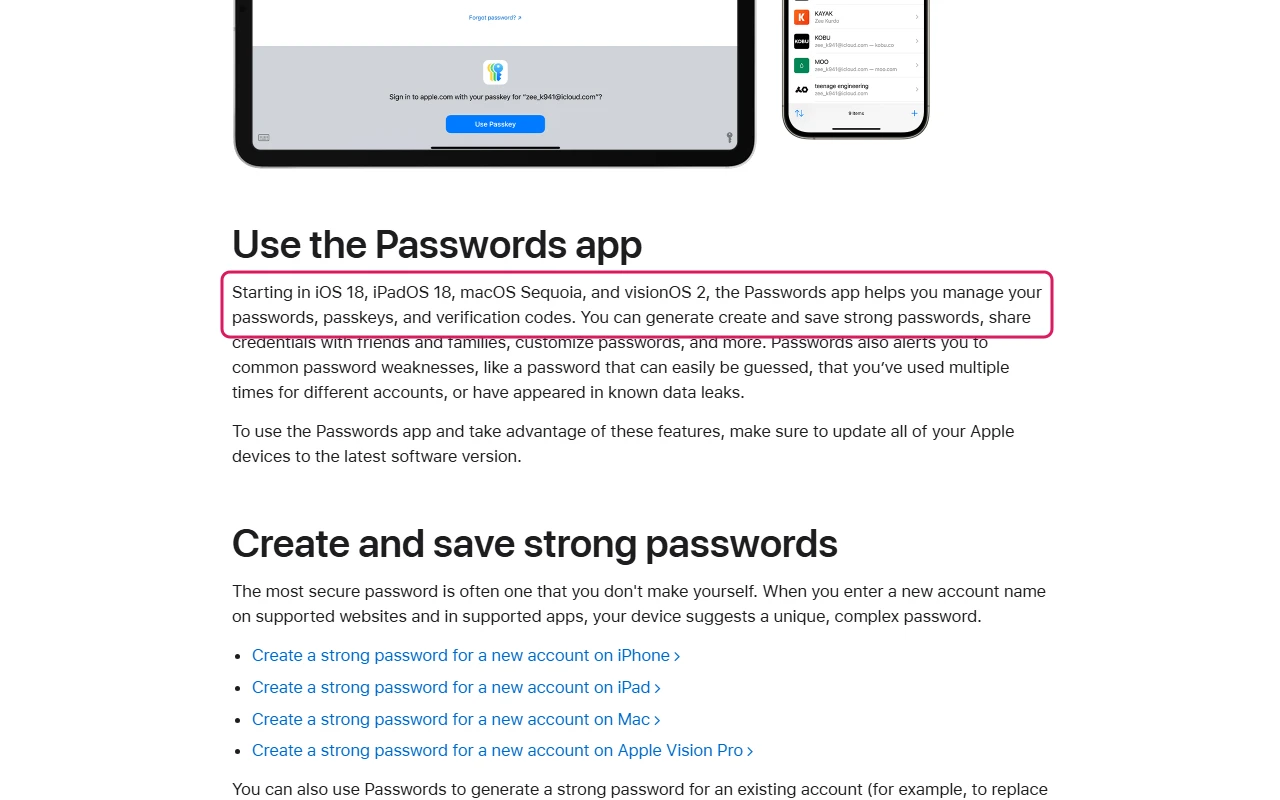 Apple Support article on the Passwords app with the paragraph saying it starts in iOS 18, iPadOS 18, macOS Sequoia and visionOS 2 highlighted