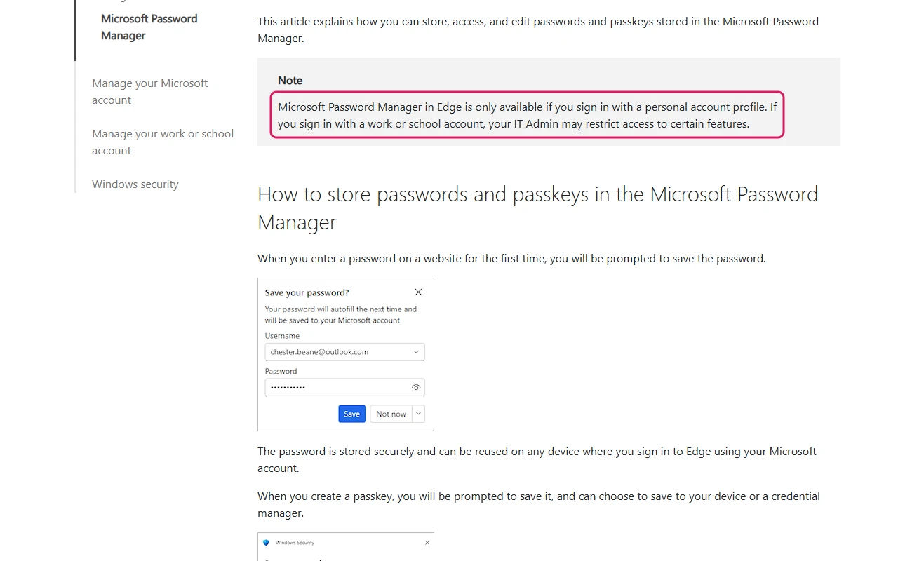 Microsoft Support page on Microsoft Password Manager with the note that it is only available when signed in to Edge with a personal account highlighted