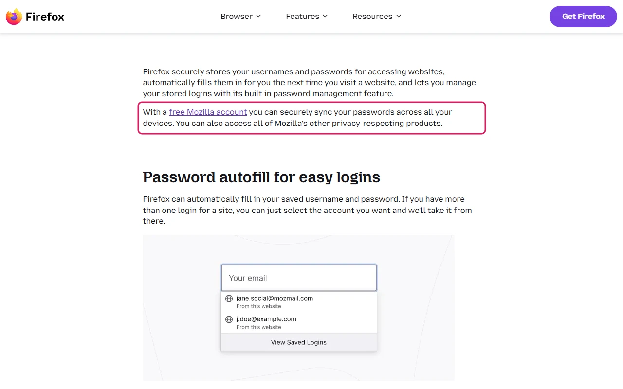 Firefox password manager feature page with the sentence about syncing passwords across devices with a free Mozilla account highlighted