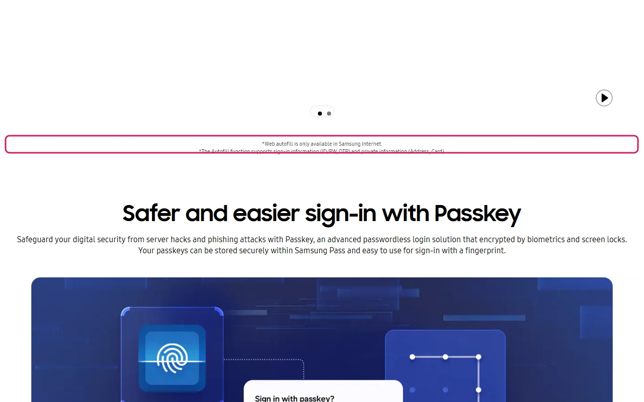 Samsung Pass product page with the footnote that web autofill is only available in Samsung Internet highlighted