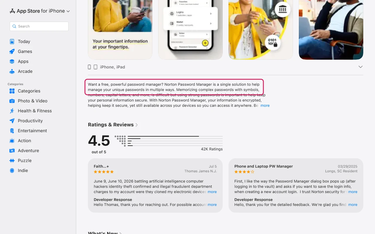App Store listing of Norton Password Manager with the opening line of its description, Want a free, powerful password manager, highlighted