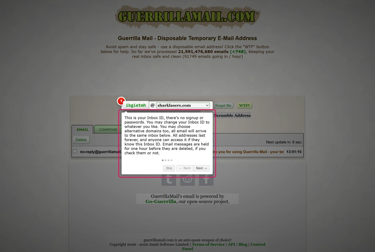 Guerrilla Mail inbox with a help tooltip saying addresses last forever, anyone with the Inbox ID can access it, and messages are deleted after one hour