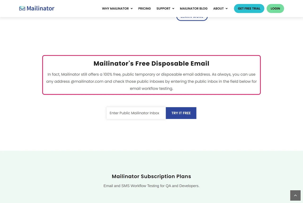 Mailinator home page section saying it offers a free, public temporary email address and that anyone can check public inboxes