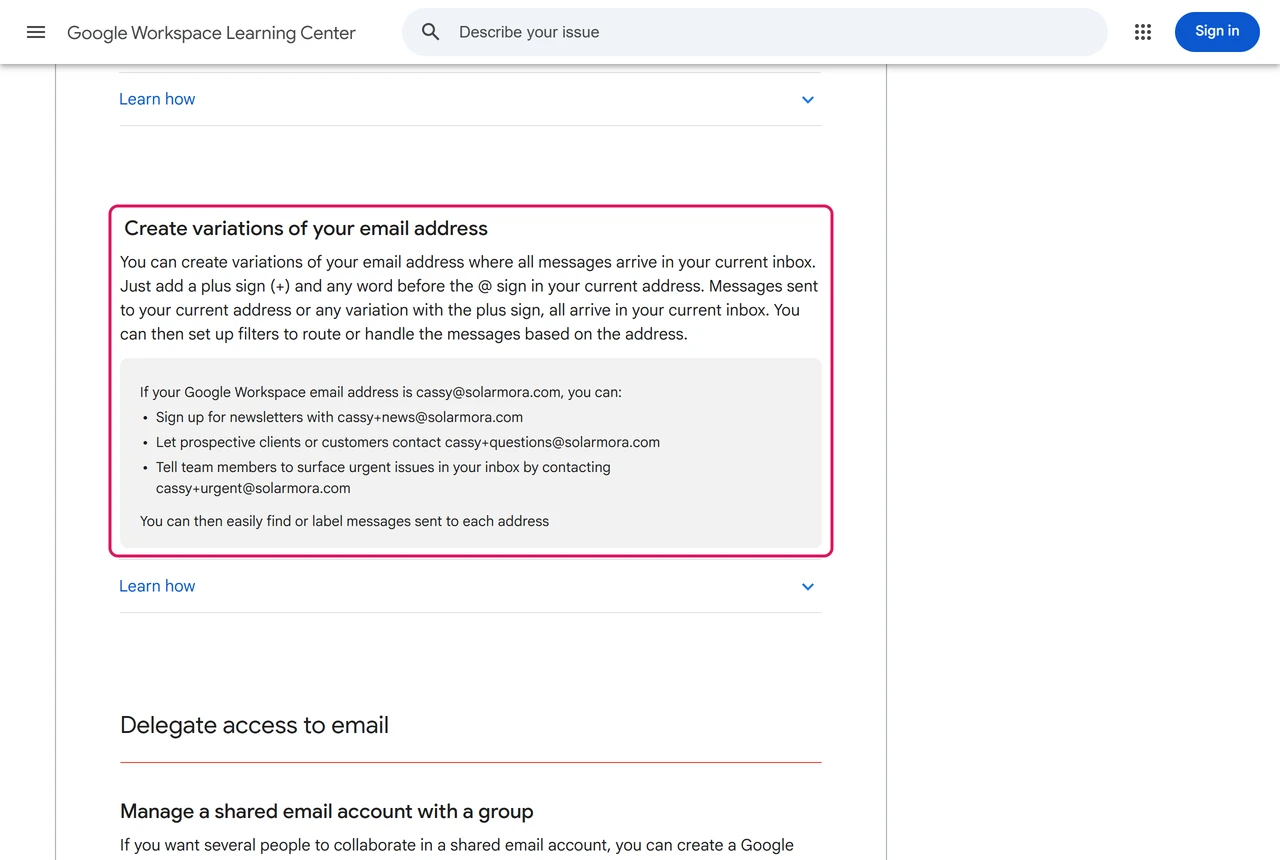 Google help section explaining that adding a plus sign and a word before the @ creates address variations that arrive in the same inbox
