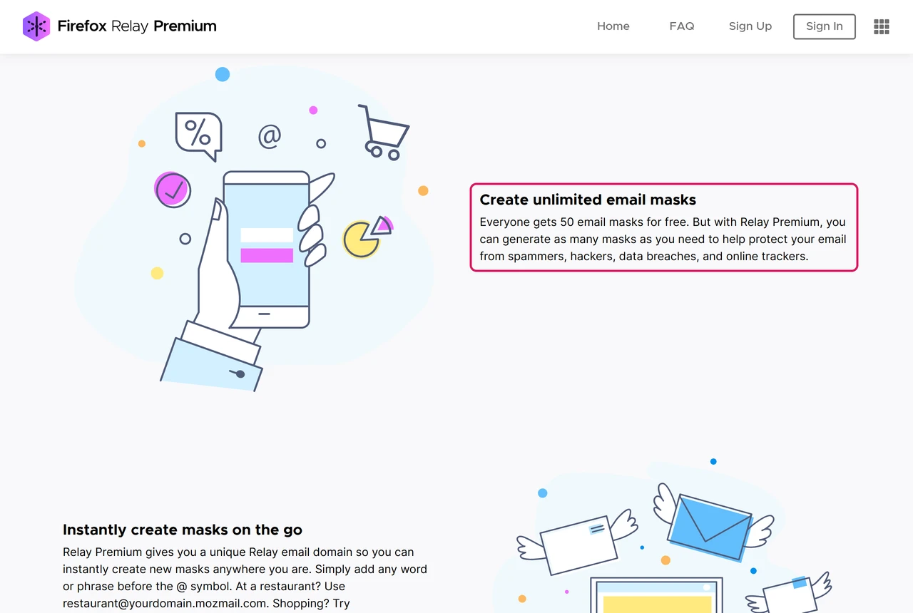 Firefox Relay Premium page section saying everyone gets 50 email masks for free