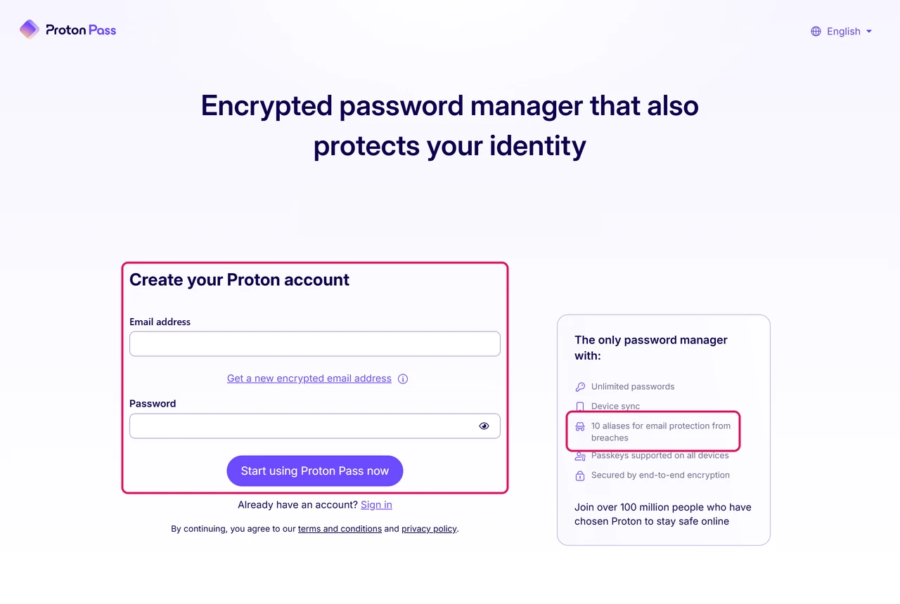 Proton Pass sign-up form asking for an email address and a password, with 10 aliases listed among free features