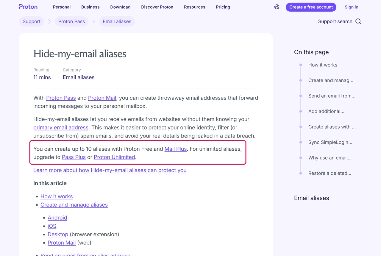 Proton support article on hide-my-email aliases saying you can create up to 10 aliases with Proton Free and Mail Plus