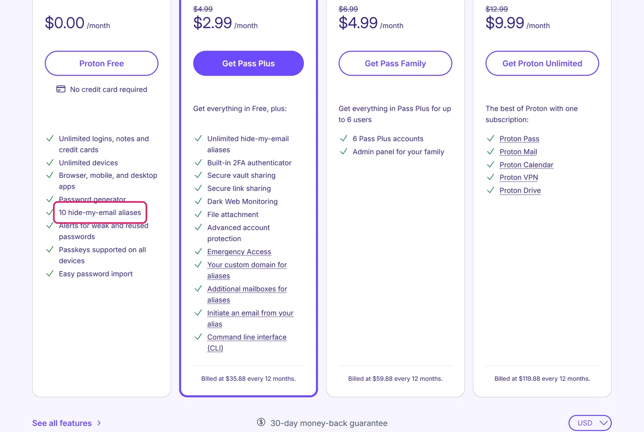 Proton Pass pricing page: the free plan lists 10 hide-my-email aliases, Pass Plus is $2.99 a month billed at $35.88 every 12 months