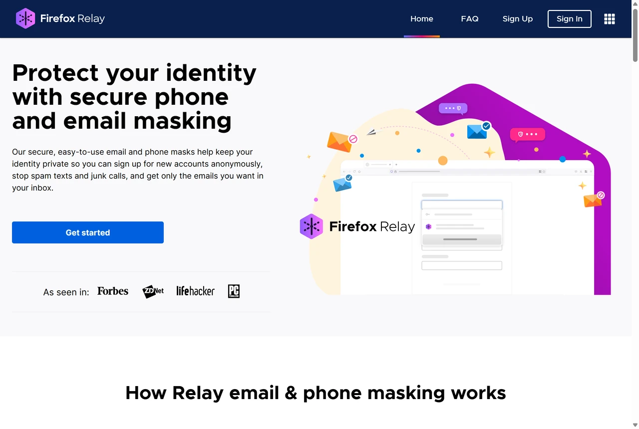 Firefox Relay home page describing email masks and a masked phone number