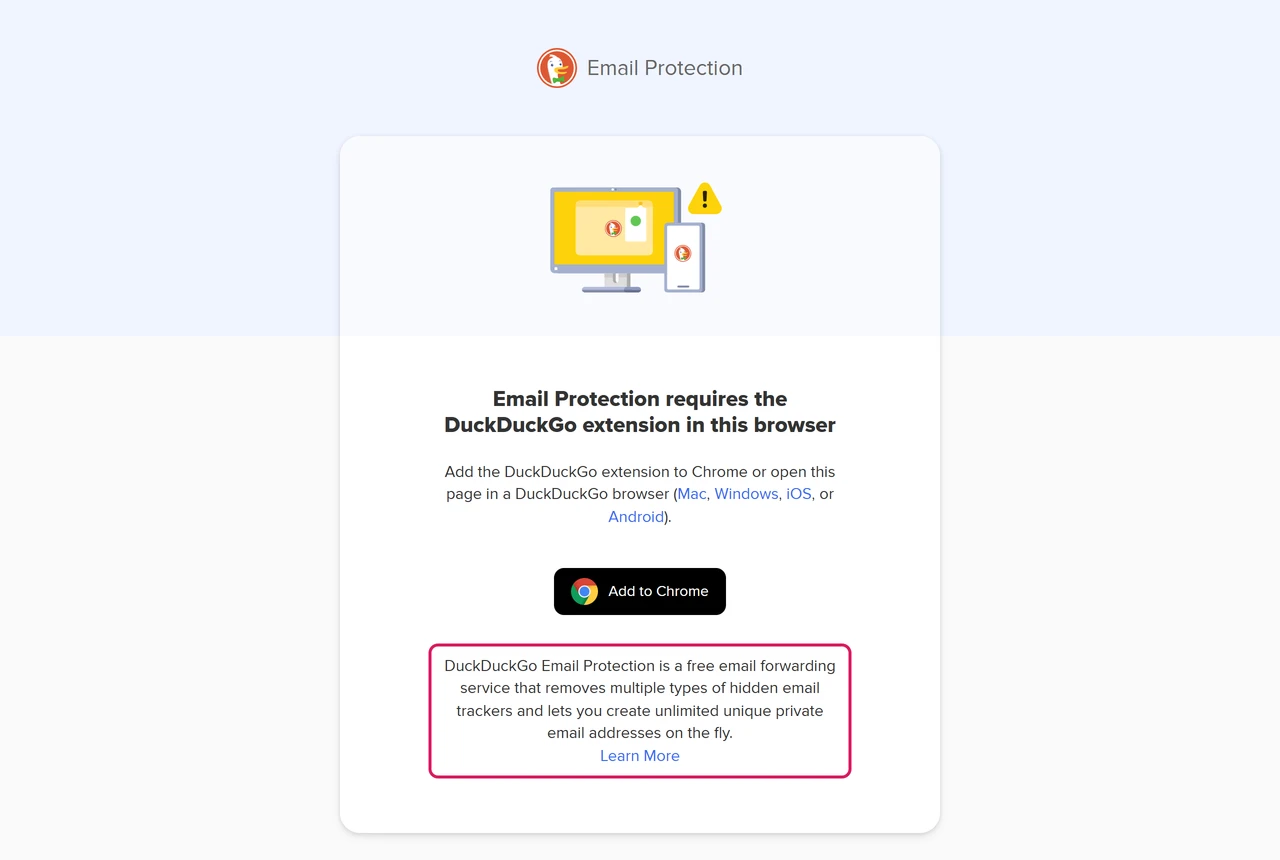 DuckDuckGo Email Protection page saying it requires the DuckDuckGo extension or browser and describing a free email forwarding service