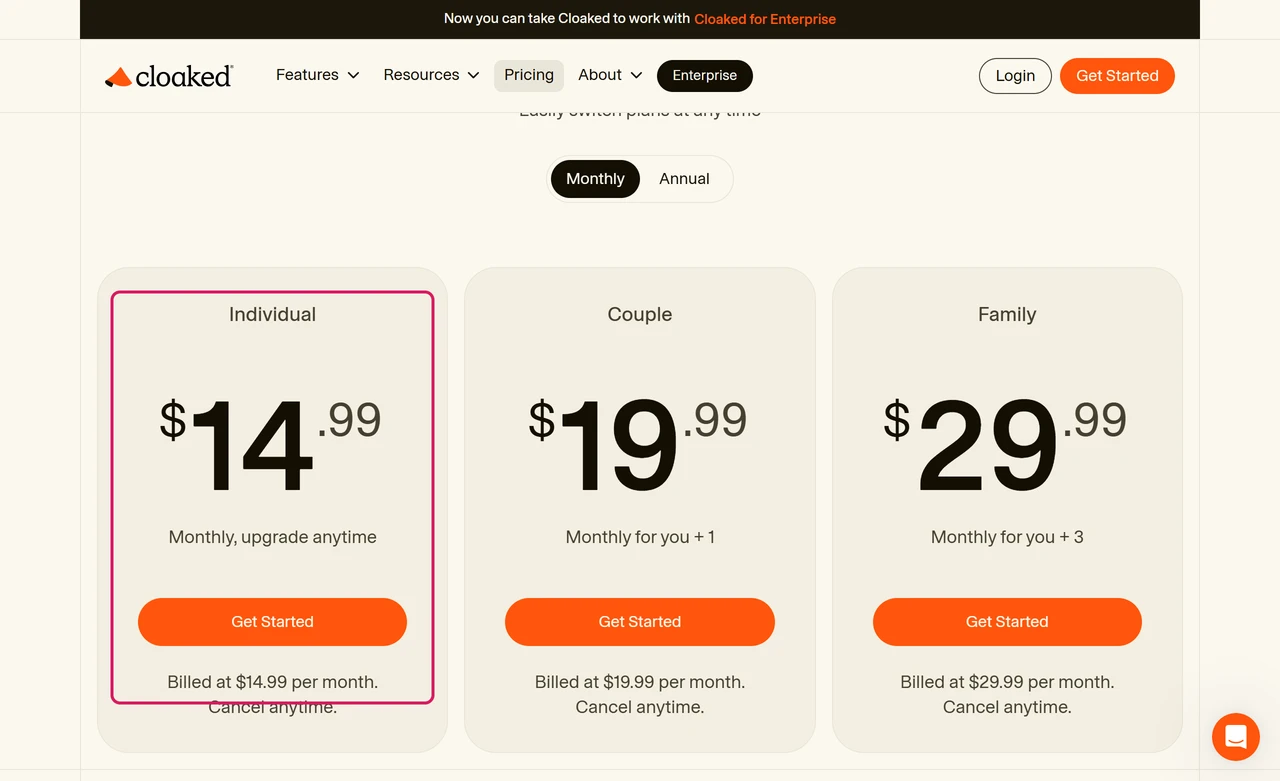 Cloaked pricing page in monthly view with Individual at $14.99 billed per month