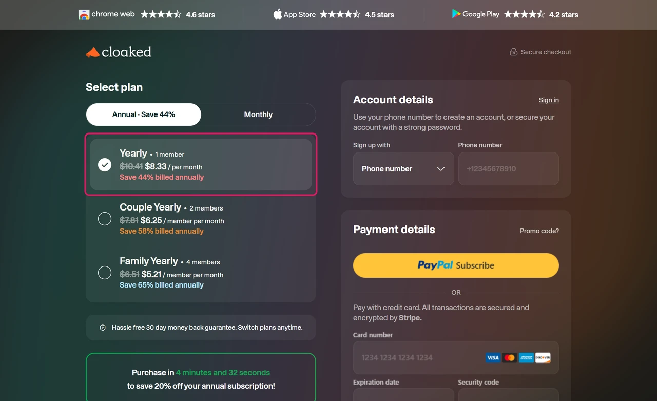 Cloaked checkout plan cards with crossed-out prices and a countdown offering 20% off the annual subscription
