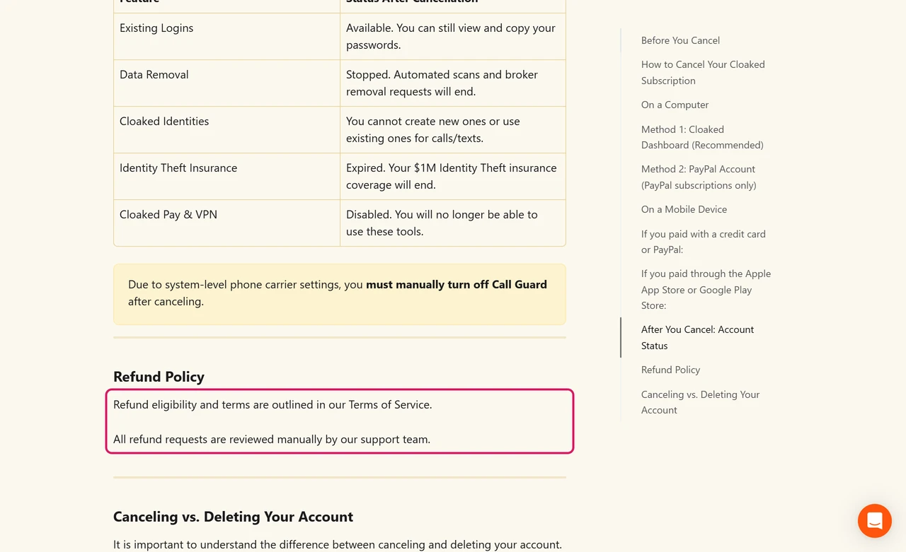 Cloaked help center refund policy section saying refund eligibility is in the terms and all refund requests are reviewed manually