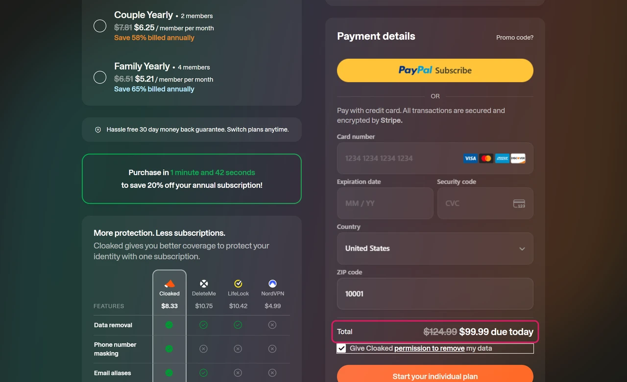 Cloaked checkout with United States and ZIP 10001 entered, showing a crossed-out $124.99 and $99.99 due today with no tax line