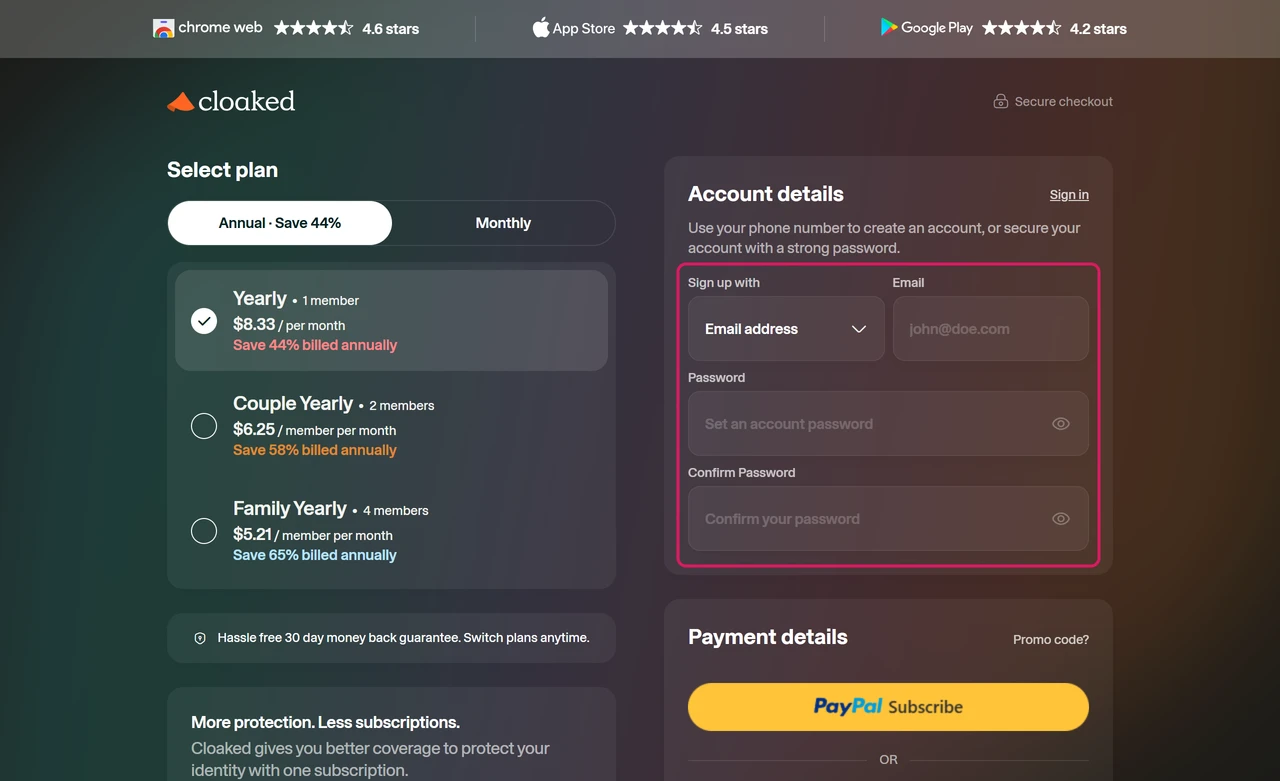 Cloaked checkout account details with the sign-up method set to Email address and fields for email, password and password confirmation